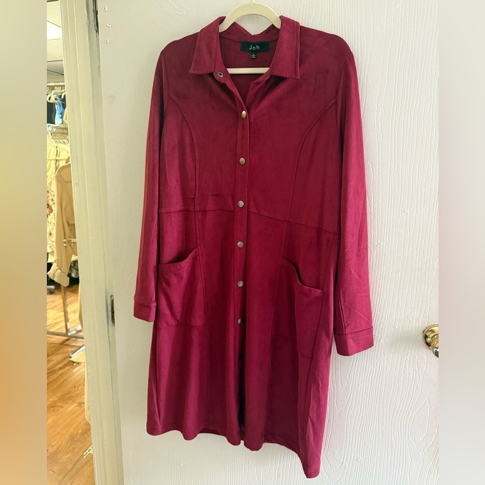 Joh Apparel Anne Stretch Suede Shirt Dress Burgundy Wine Red Long Sleeve L - Picture 2 of 5